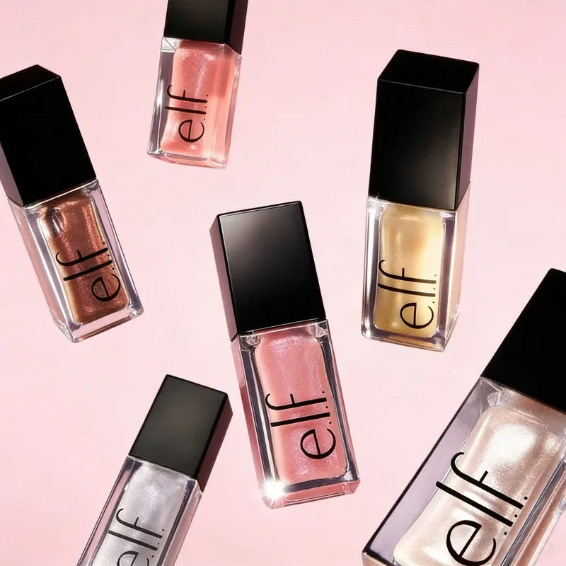 e.l.f. Glow Reviver Lip Oil collection in multiple glossy, moisturizing shades with clear square packaging.