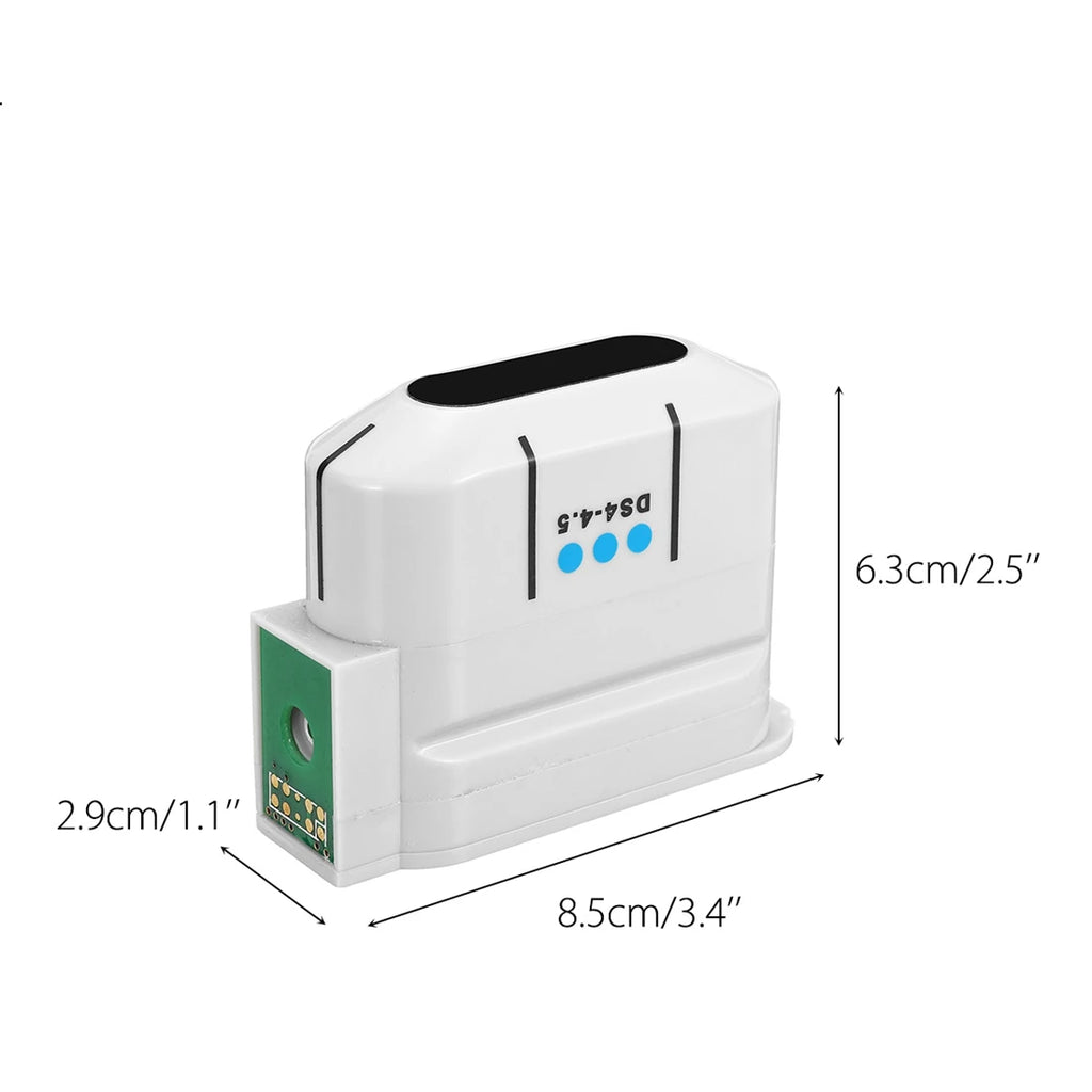 White plastic DS4-4.5 ultrasound transducer cartridge measuring 8.5x2.9x6.3cm with green side connector.