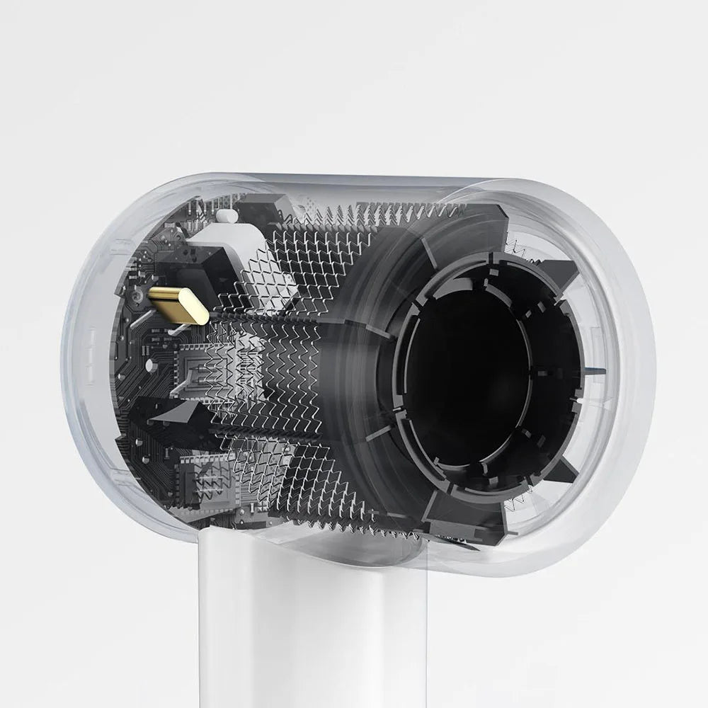 Transparent cross-section of MIJIA H501 SE high-speed hair dryer showing advanced motor and internal cooling tech.