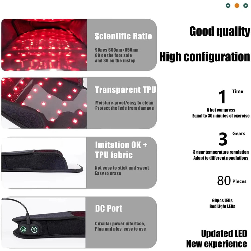 Red light therapy foot massage boots with 90 LED infrared beads for pain relief, featuring TPU fabric and DC port.