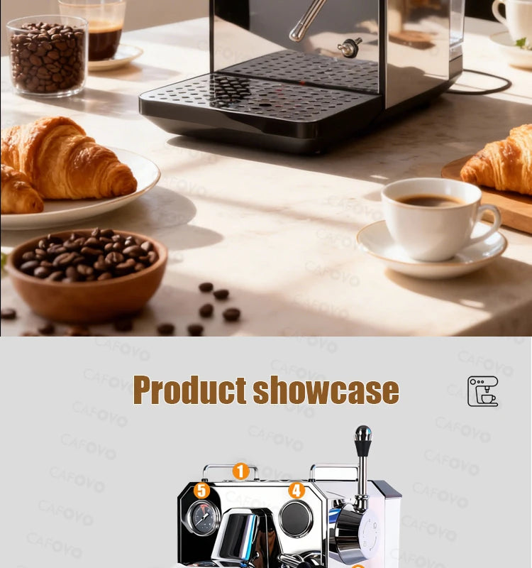 Cafovo chrome espresso machine with steam wand and pressure gauge on a breakfast table with coffee beans and croissants.