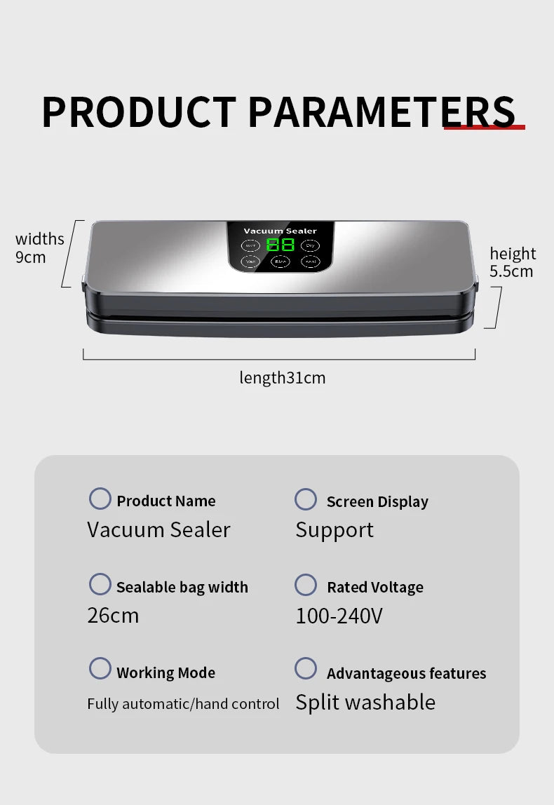 Electric Vacuum Sealer Machine Dry/Wet Food Packaging Seal To Keep Fresh Touch Buttons Digital Display Detachable Cleaning