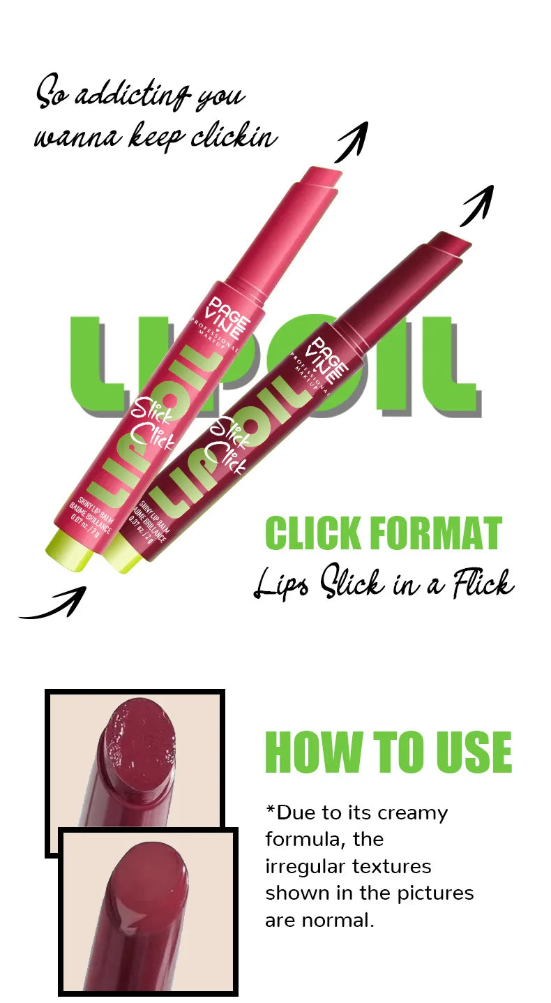Page Vine moisturizing click-pen lip oil in deep berry shades with a creamy, high-shine finish.