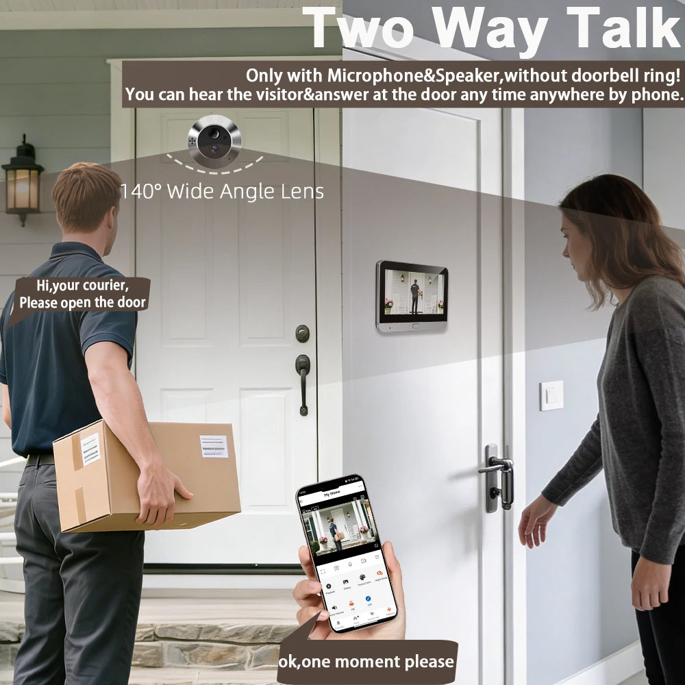 Two Way Talk Security Tuya Smart 2.4G Wifi Peepholes Door Intercom 140° Wide Angle Battery Powered 3MP Video Door  Camera