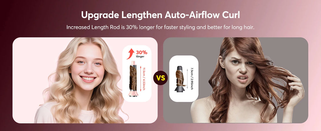 5-in-1 Air Wrap styler showing long-barrel auto-curler attachment for faster, frizz-free styling on long hair.