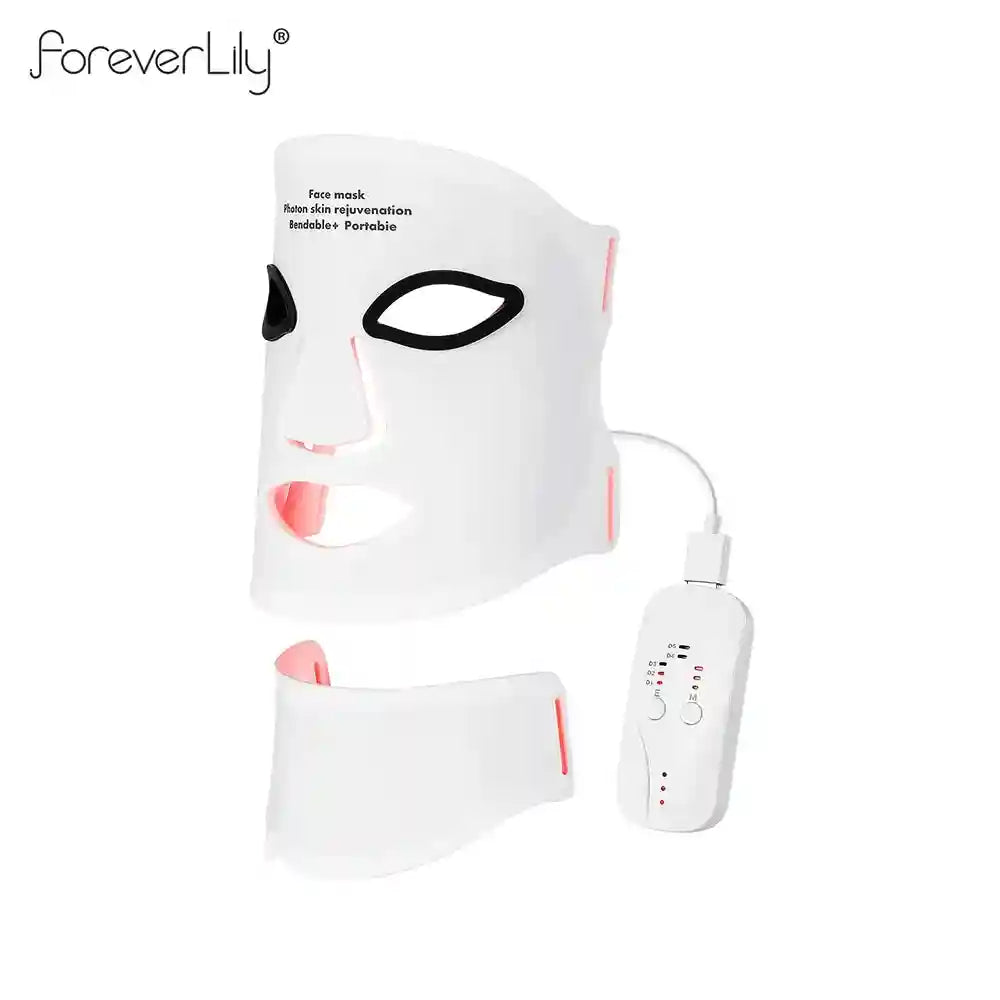 White flexible silicone LED therapy face and neck mask with a wired remote control on a plain white background.