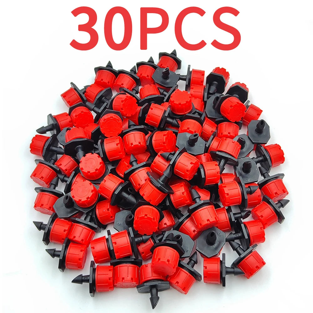 Micro drip irrigation drippers set, red heads with black bases, assorted pieces