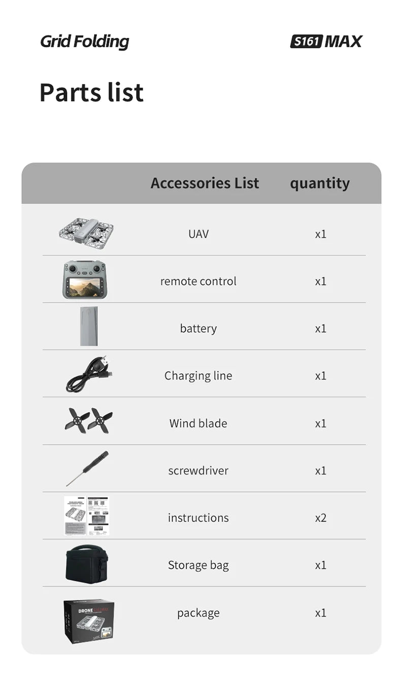 S161 MAX drone parts list: UAV, remote control, battery, cable, blades, screwdriver, manuals, storage bag, and box.