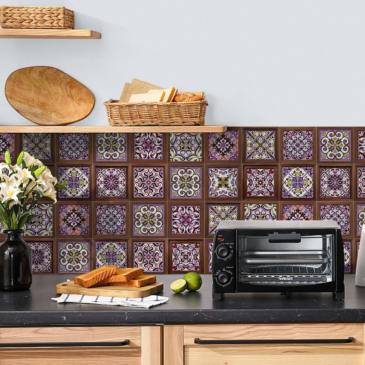 Purple tile-pattern self-adhesive wallpaper with ornate mandala floral mosaic tiles