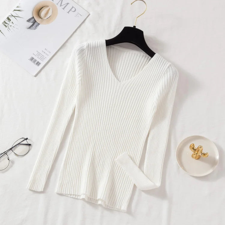 2026 Casual Long Sleeve Knitted V Neck Pullover Autumn Winter Women Sweaters Femme Basic Solid Jersey Tops Fashion Clothes