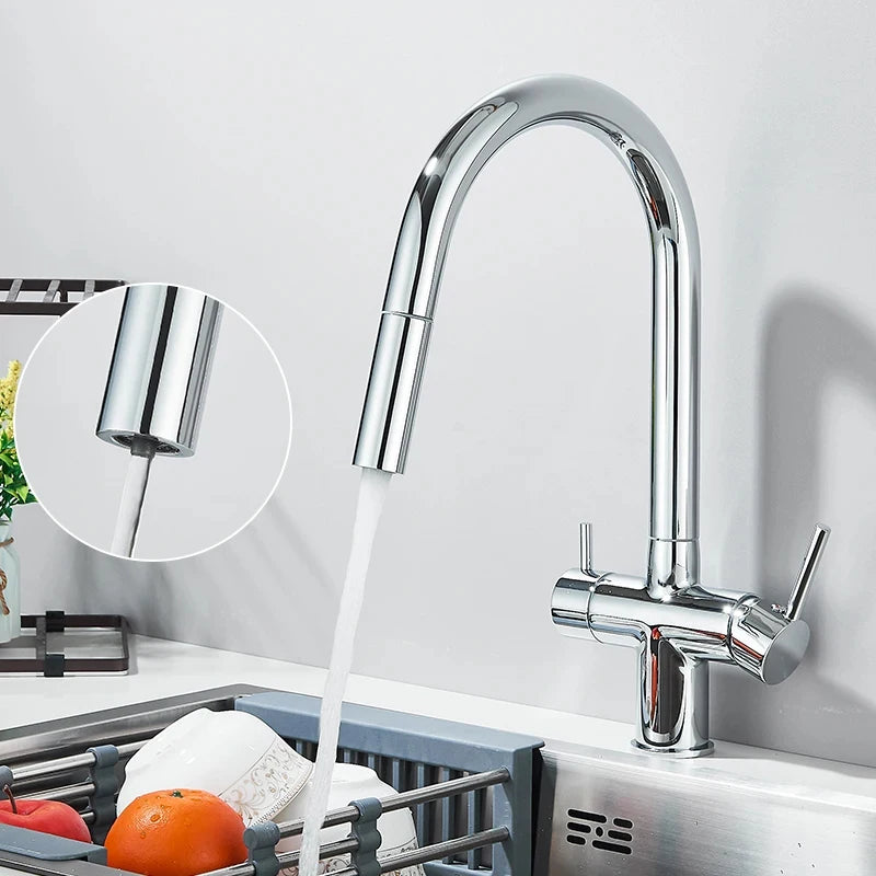 Filter Water Kitchen Faucet Pull Out Sprayer Head Deck Mounted Taps 360 Rotate Hot/Cold Water Mixers Dual Handle