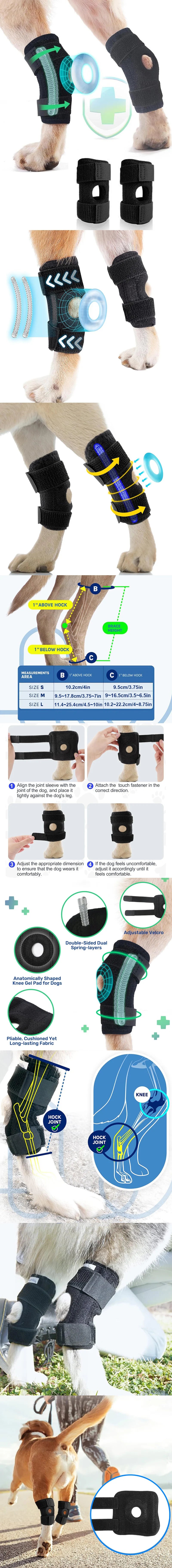 Black breathable dog knee pads and hock joint wrap for injury recovery and leg support. Adjustable, comfortable fit.