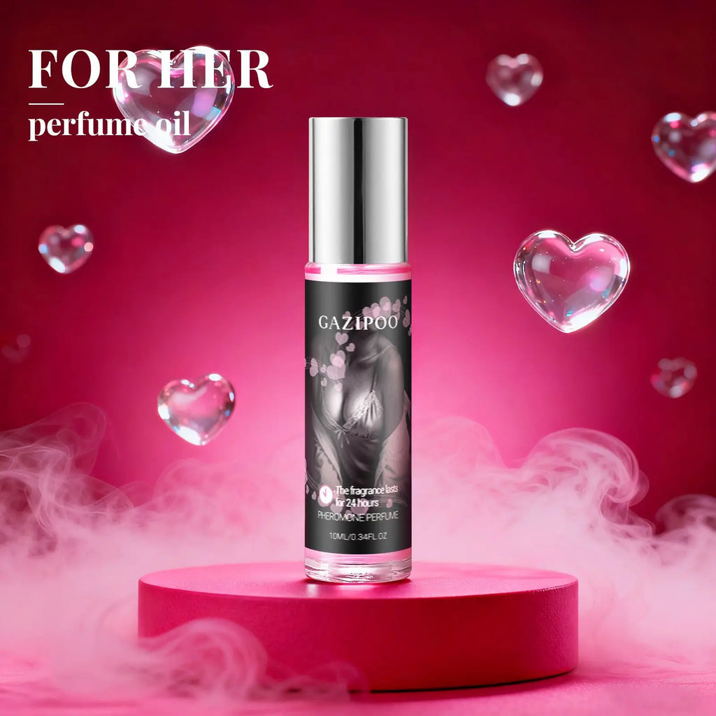 Gazipoo pheromone perfume for women, long-lasting natural oil in a sleek 10ml cylindrical roll-on bottle for attraction.