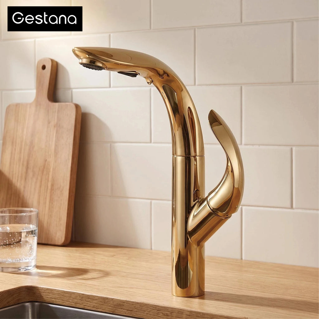 Luxury Brass Gold Touch Switch Kitchen Faucet Pull-Out Design 1 Hole Single Handle Hot and Cold Water Sink 2 Function Mixer