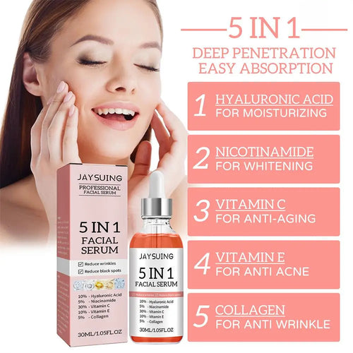 Jaysuing 5-in-1 anti-aging facial serum in pink box and 30ml dropper bottle with vitamin C and collagen.