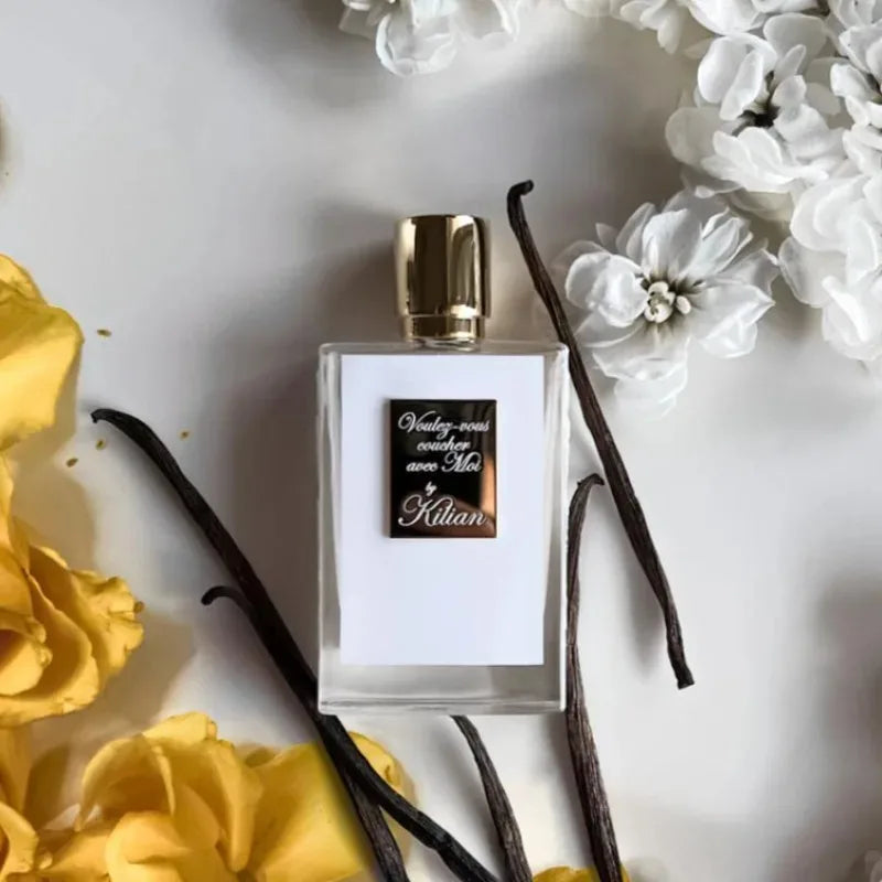 Kilian Voulez-vous coucher avec Moi, 50ml unisex EDP, elegant woody oriental fragrance in a sleek square glass bottle.