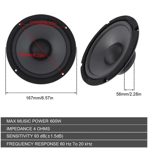 Round black car door speaker with cone and mounting holes, size diagram