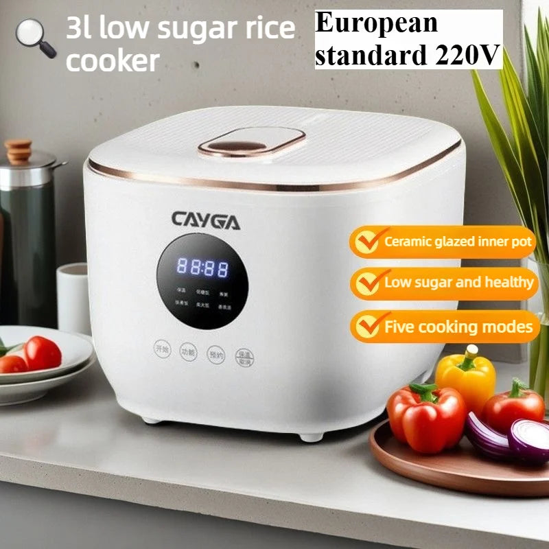 White 3L low-sugar electric rice cooker with display and rose-gold top handle