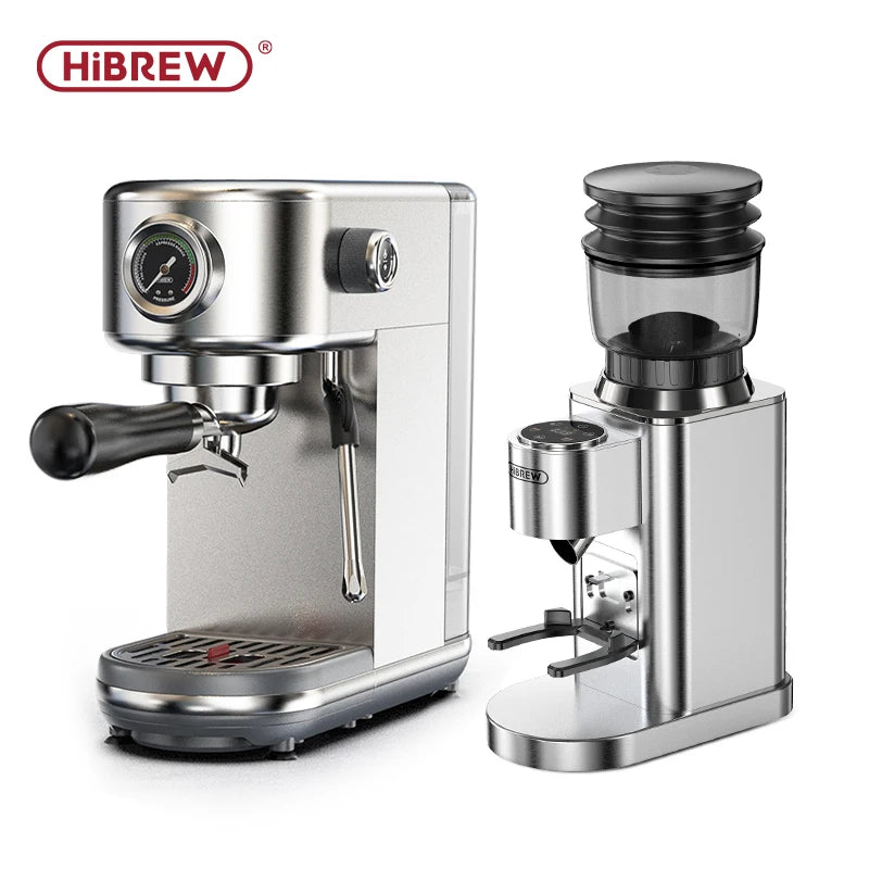 HiBREW silver stainless steel espresso machine and matching electric coffee bean grinder set.