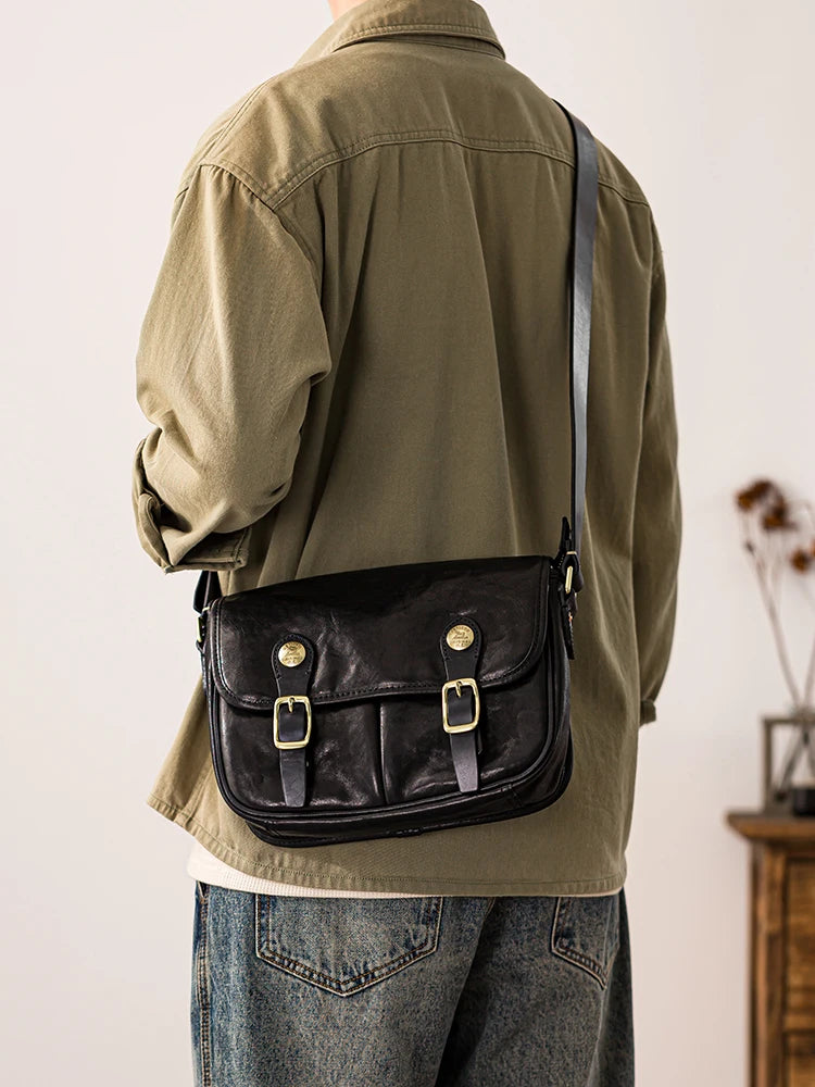 vintage designer handmade high-quality genuine leather men's messenger bag Outdoor casual cow leather work black shoulder bag