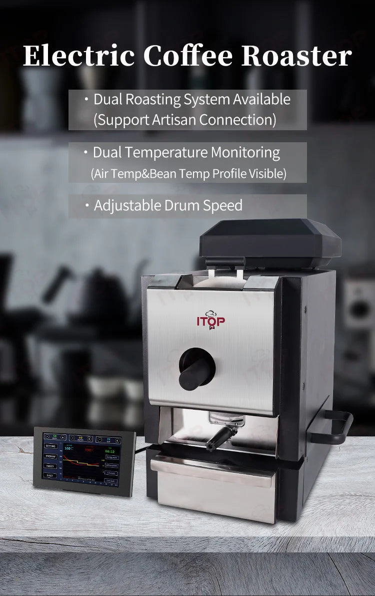 ITOP electric coffee roaster, black and stainless steel, with digital touchscreen for dual temperature monitoring.