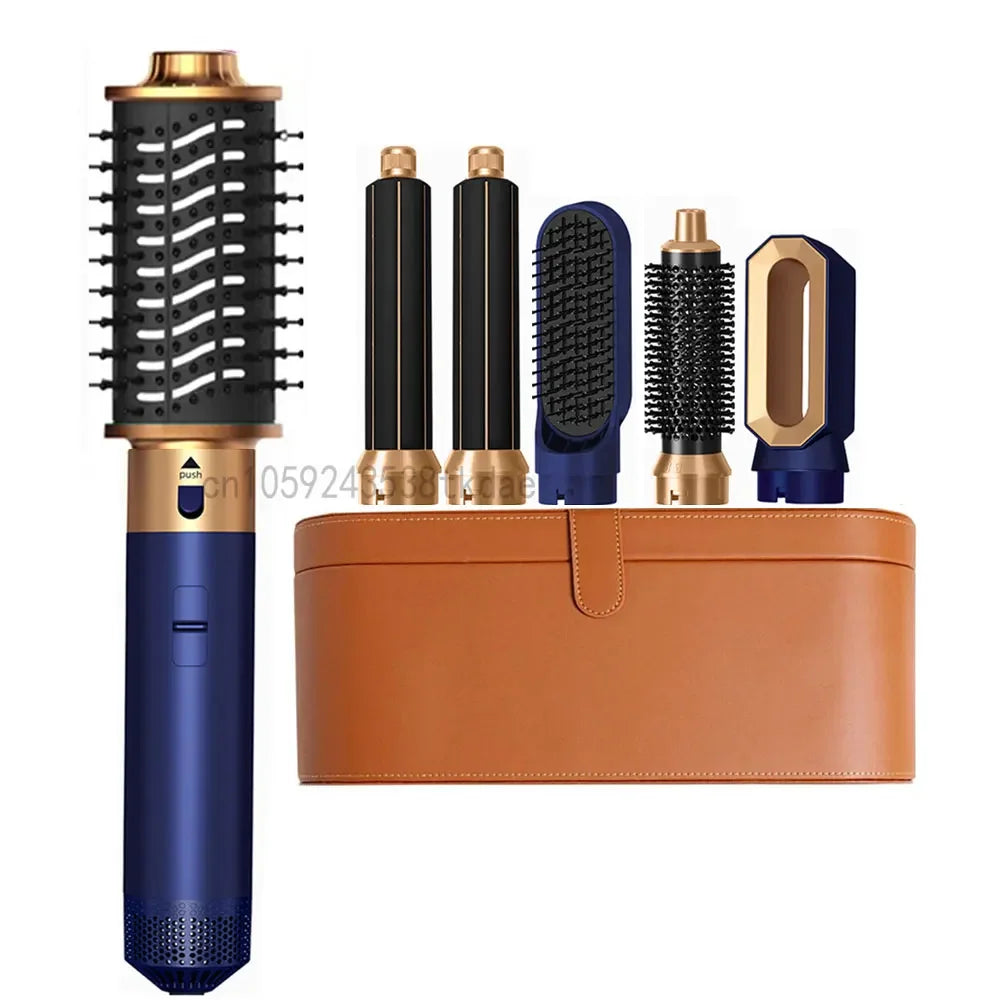 6-in-1 blue and gold hair dryer brush set with curling barrels, styling attachments, and a leather storage case.