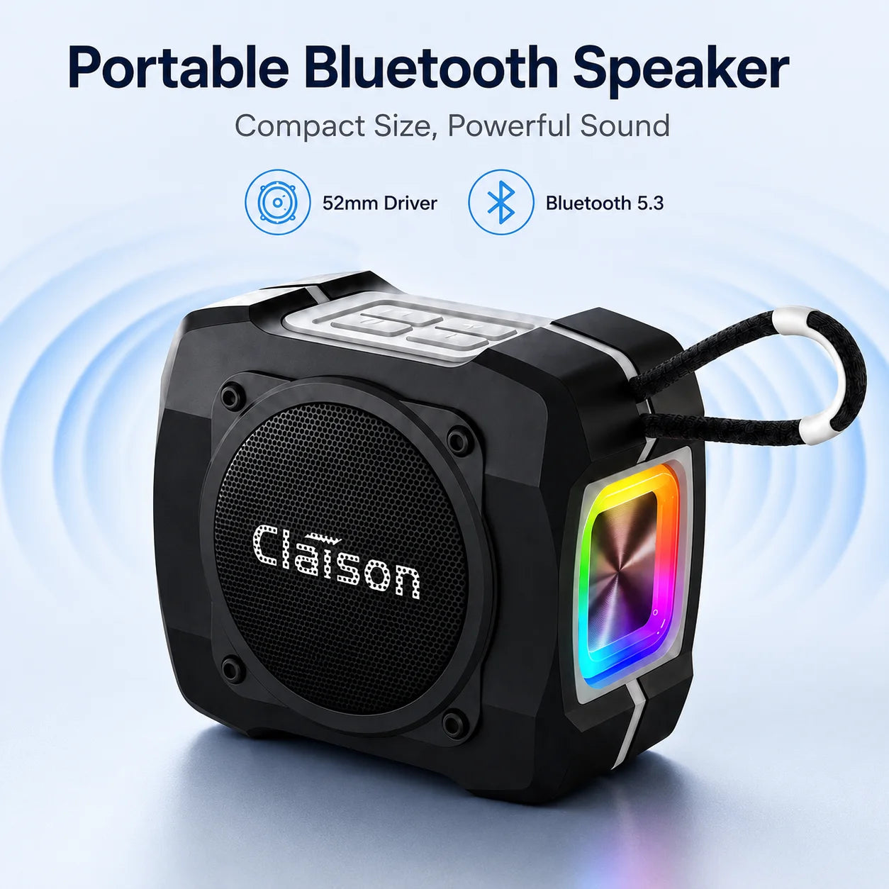 Portable Bluetooth Speaker, Bluetooth 5.3, TWS Pairing, 52mm Driver, 5W Output, 1200mAh Battery, RGB Light, FM Radio, TF Card and USB Playback, IPX6 Water Resistant Design for Outdoor, Camping, Travel and Home Use