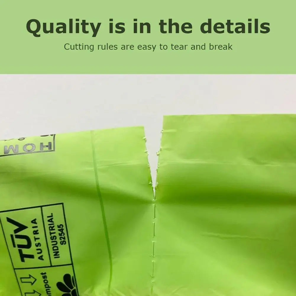 Eco-friendly green pet poop bags with easy-tear perforations for clean, convenient dog waste disposal.