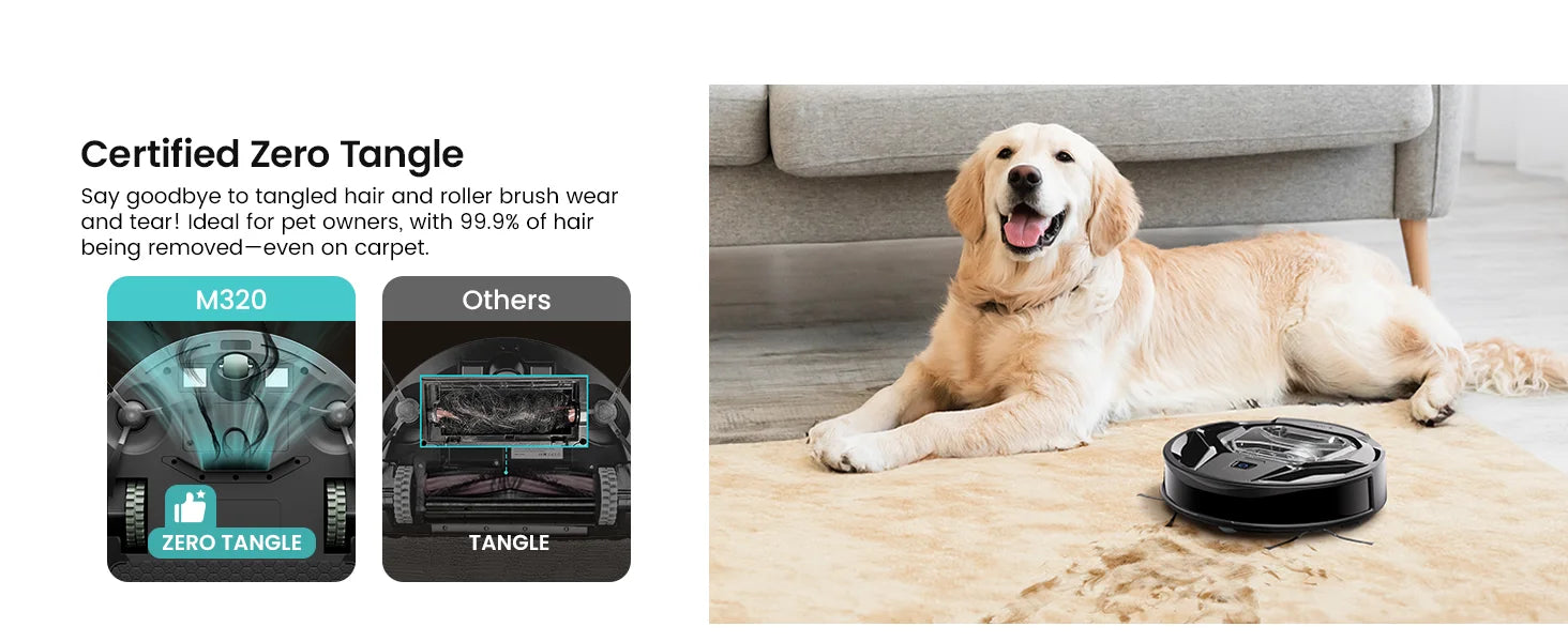 Tidesmit Lefant M320 Robot Vacuum showing side profile and charging station with 6000Pa suction for carpet cleaning