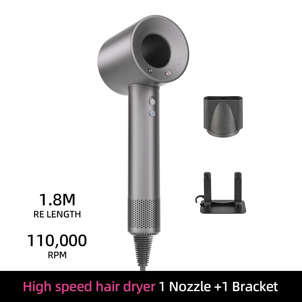 Grey high-speed ionic hair dryer, bladeless design, includes styling nozzle and wall bracket for home and travel use.
