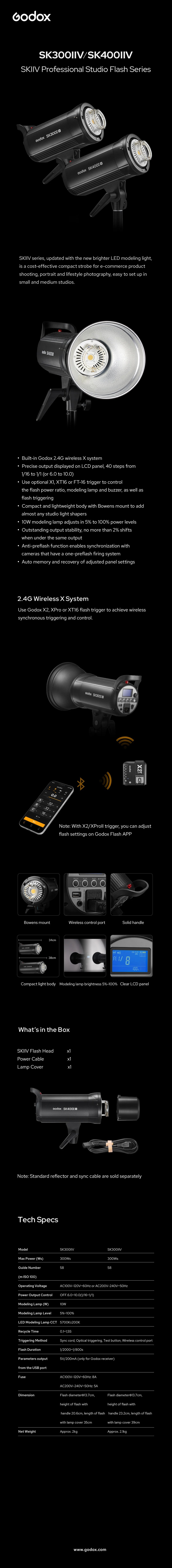 SK300II/SK400II professional studio flash heads. Compact black cylindrical units with LCD screen for studio lighting.