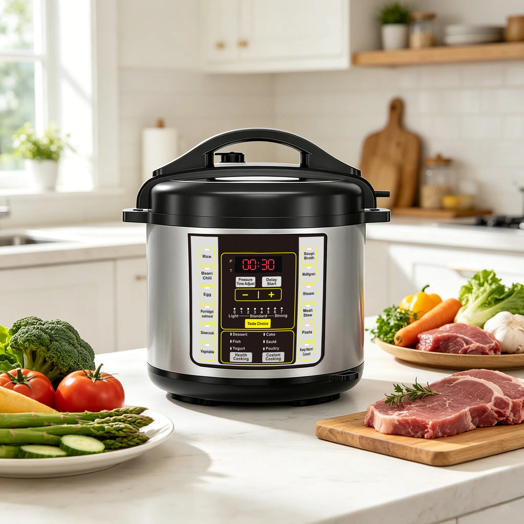 Electric pressure cooker with digital display on countertop near fresh ingredients