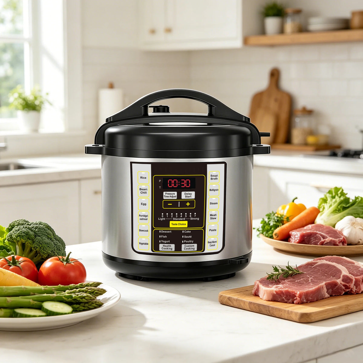 Electric pressure cooker with digital display on countertop near fresh ingredients