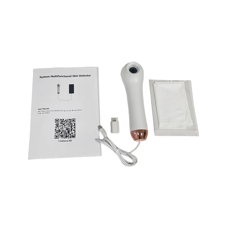 2025 HD digital scalp and skin analyzer device with white handheld magnifier, wired connector, and user manual.