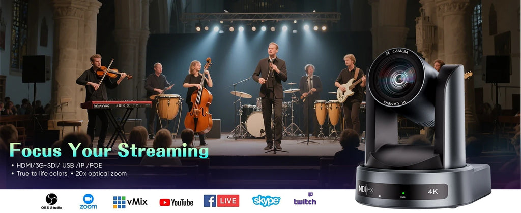 NDI/SDI 4K PTZ Camera 10X 20X Zoom Video Conference Live Streaming HDMI USB IP POE 1080P for Church NetMeeting Broadcast Youtube