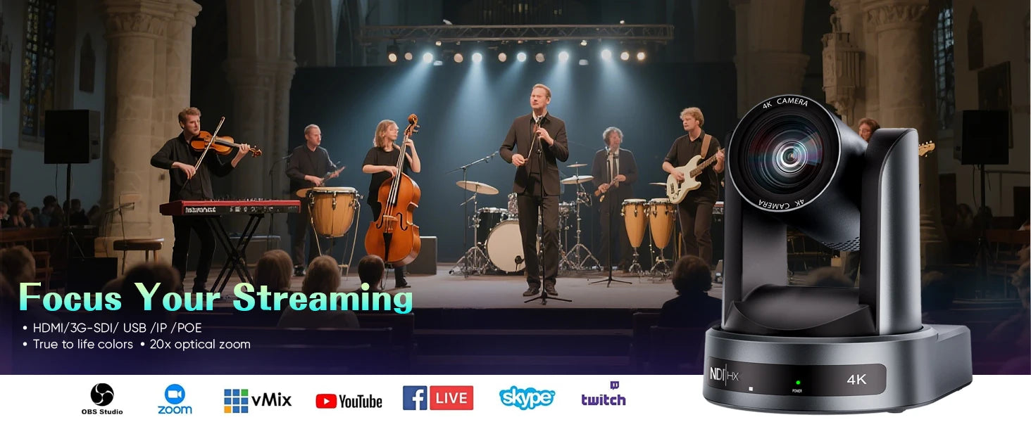 NDI/SDI 4K PTZ Camera 10X 20X Zoom Video Conference Live Streaming HDMI USB IP POE 1080P for Church NetMeeting Broadcast Youtube