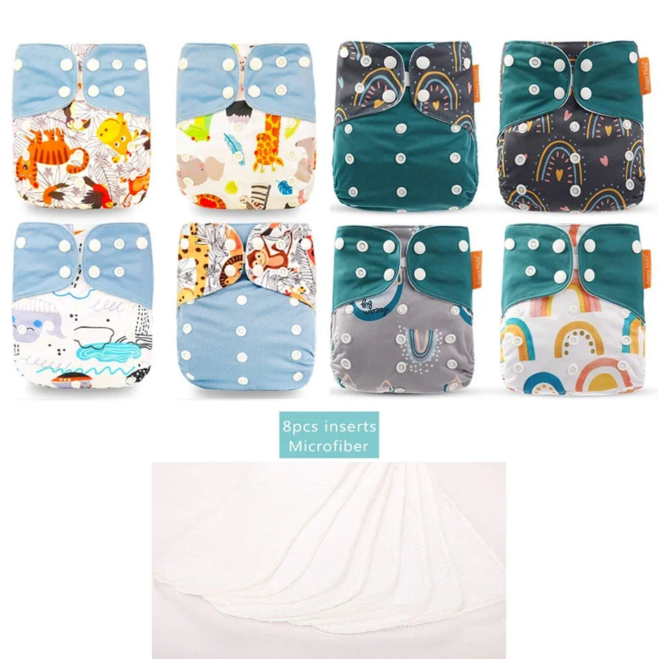 8-piece reusable cloth diaper set with microfiber inserts in assorted animal and rainbow patterns. Baby care essentials.