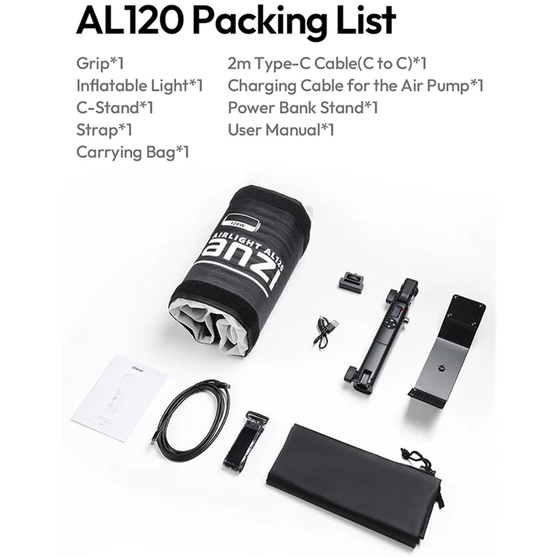 AL120 inflatable light kit components including a rolled light, grip, cables, stands, strap, and carrying bag.