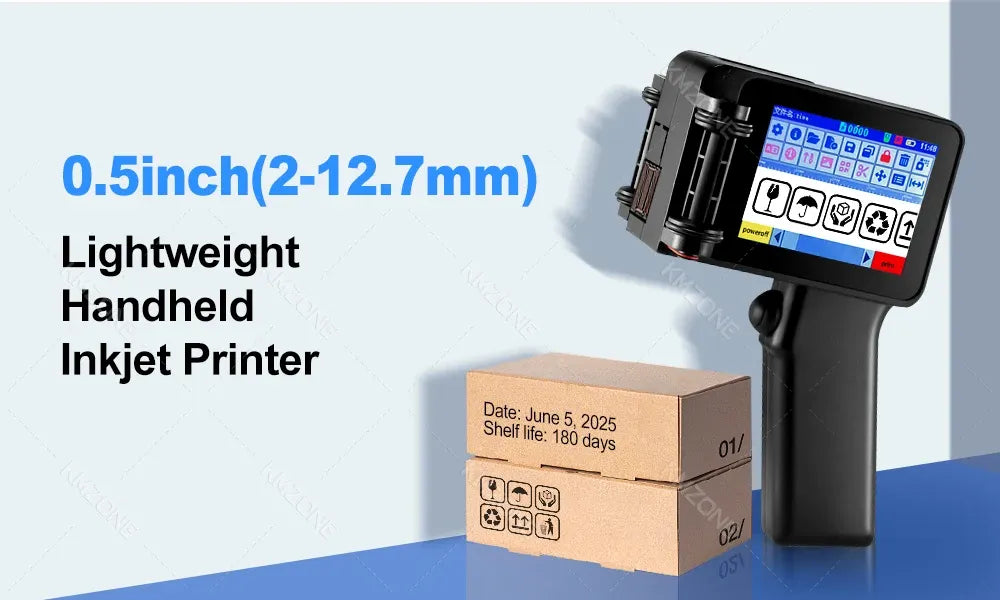 Lightweight black handheld inkjet printer with touchscreen and nozzle head, angled beside a box