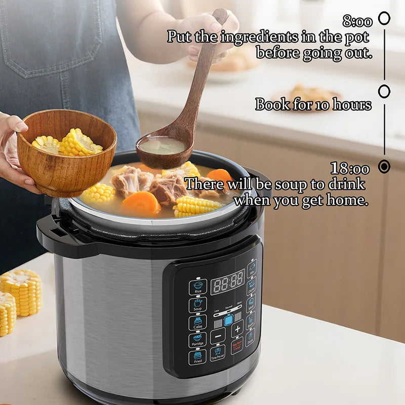 Electric pressure cooker on countertop with lid and control panel, ingredients being added
