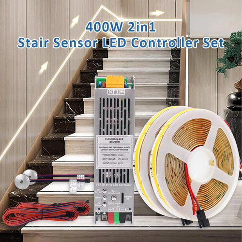 Stair LED controller set with COB LED strip roll, control unit, and wiring for stair lighting