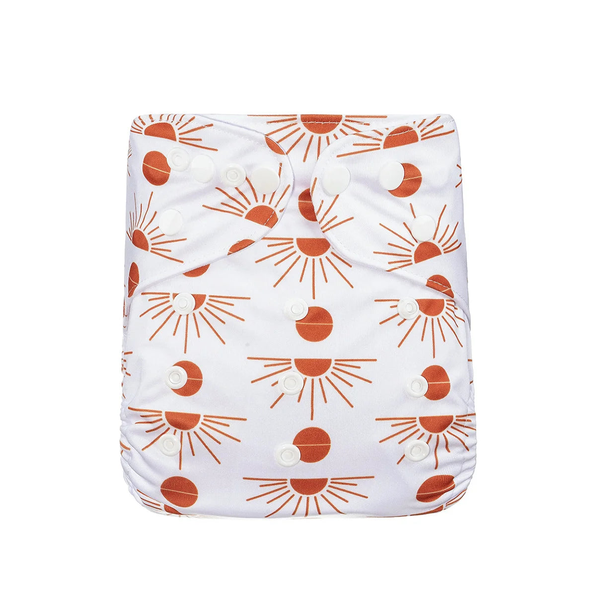 Reusable baby cloth diaper with modern boho terracotta sun pattern and adjustable snap closures.