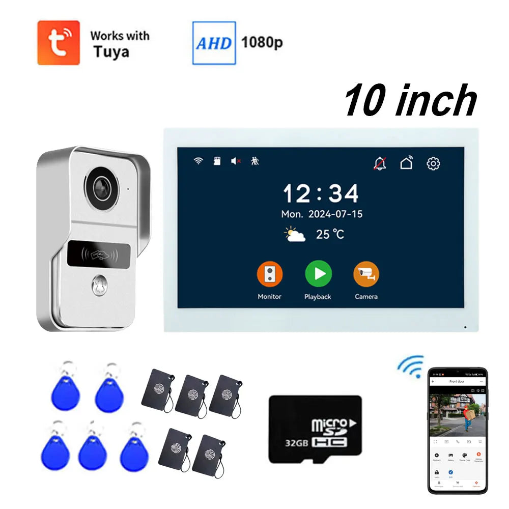 10-inch video intercom monitor kit with white touchscreen, silver doorbell camera, blue key fobs