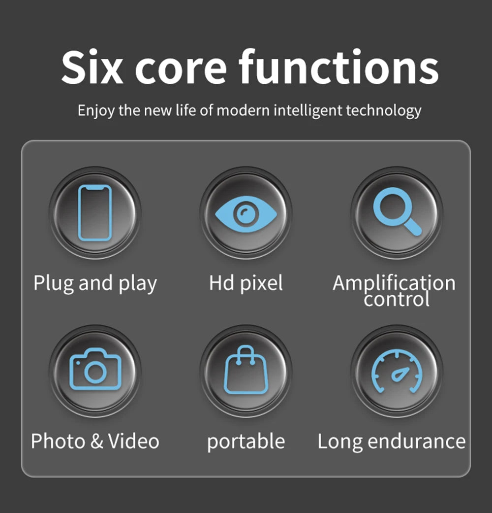 Six icons in circular buttons showing technical features: plug-and-play, HD pixel, zoom, media capture, portability,