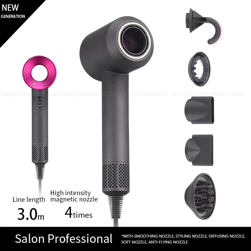 Professional negative ion leafless hair dryer with 5 magnetic styling attachments in matte black and fuchsia.