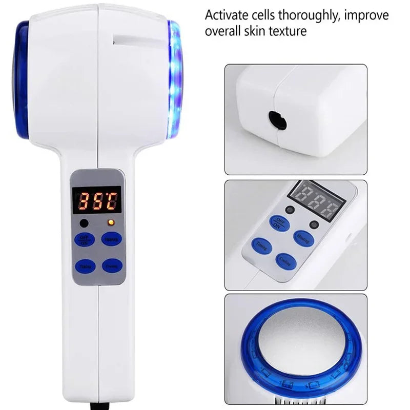 White handheld hot/cold facial massager with blue light, LED display, and circular treatment head.