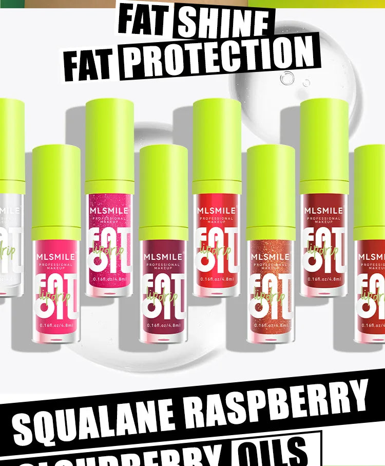MLSmile moisturizing glitter lip gloss collection in various shades with neon green caps and nourishing liquid formula.