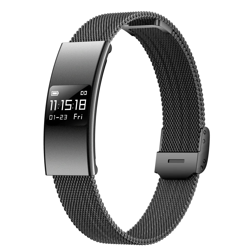 Gray ultra-thin smart bracelet with black mesh band and rectangular fitness display