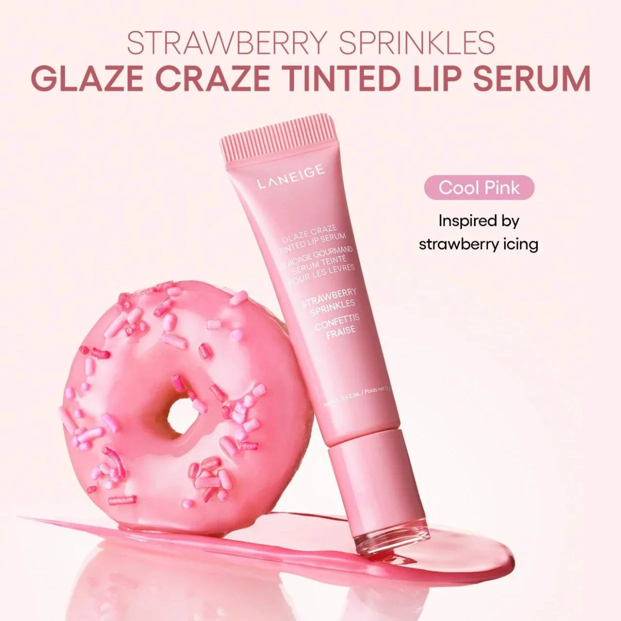 Laneige Strawberry Sprinkles Glaze Craze tinted lip serum in cool pink with glossy, moisturizing texture.