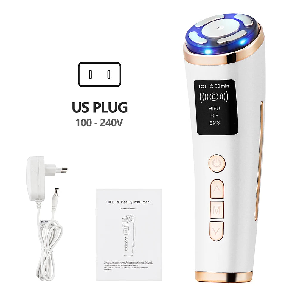 White and rose gold handheld HIFU facial massager with digital screen, power cord, and manual.